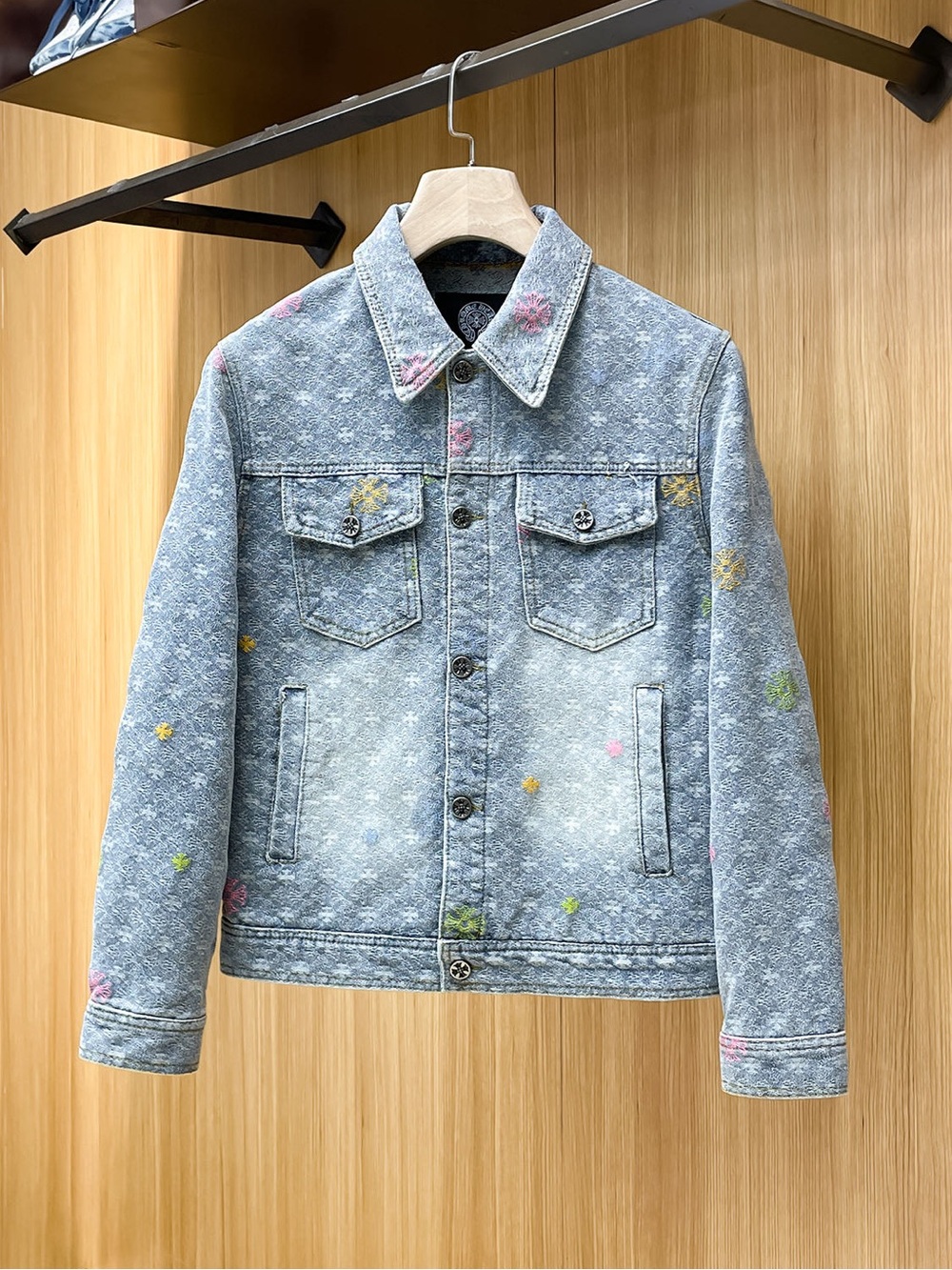 Chrome Hearts Light Blue Denim Jacket with Multicolor Paint Dots